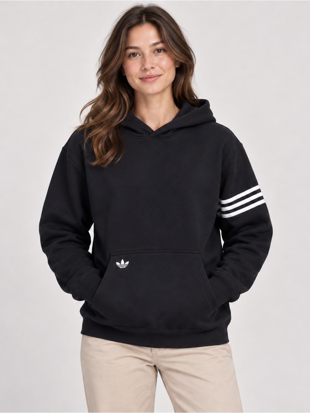 adidas Black Crewneck Hoodie with White Three-Stripe Sleeve